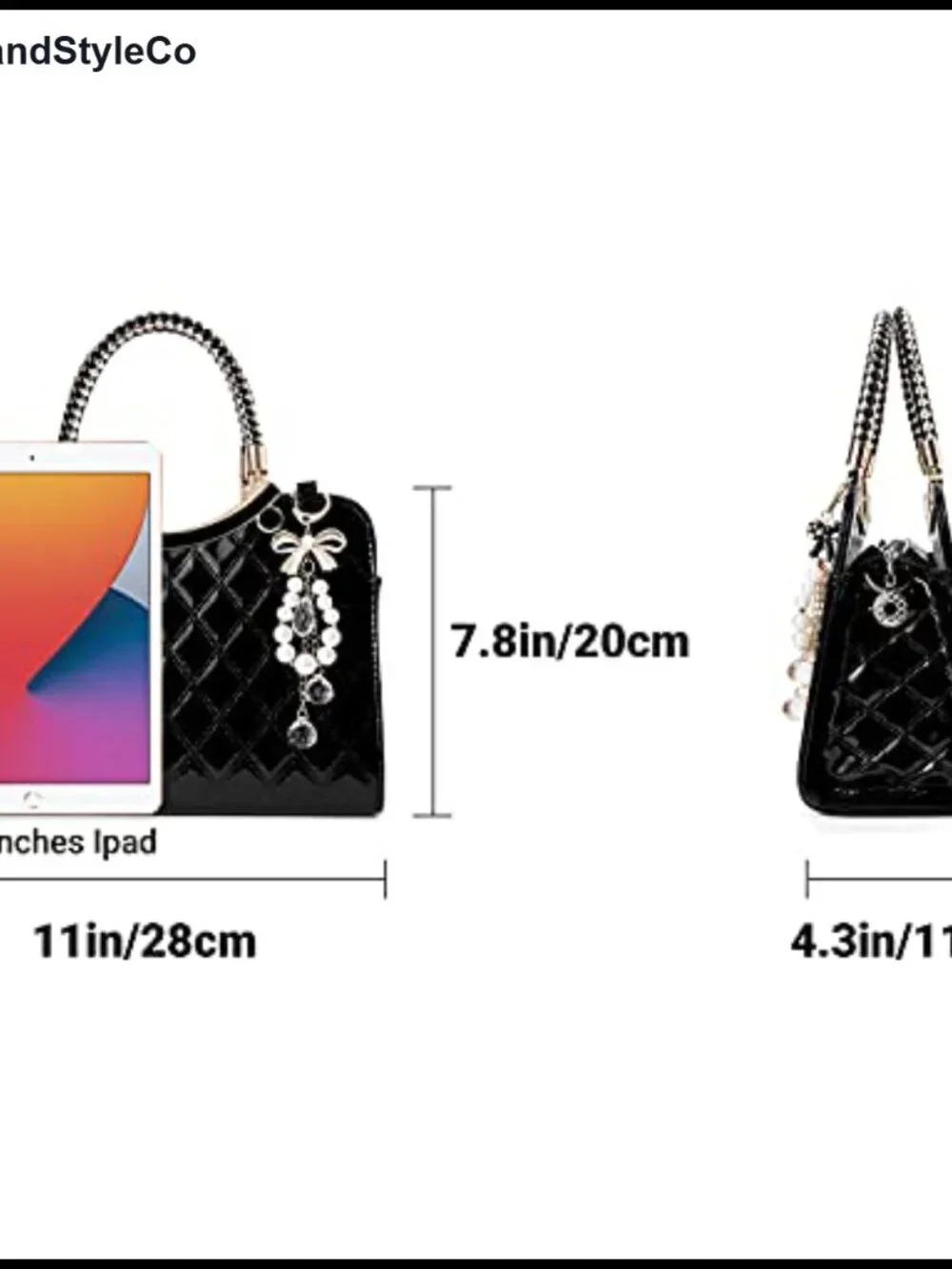 Women's Faux Leather Patent Satchel Handbag with Pearl Charm - Crossbody